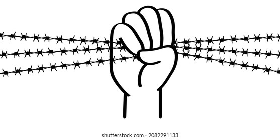 Protest symbol. World refugee day or Human rights day Hand holding barb wire. Clenched fist with barbed wire, resistance and revolution symbol. No more slavery. Day of abolitionism. Abolition. Freedom