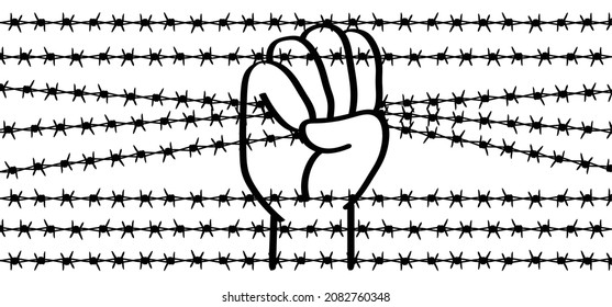 Día mundial de los refugiados, mano de caricatura sosteniendo alambre de púas. Puño cerrado con alambre de púas, resistencia y símbolo de revolución. No más esclavitud. Día del abolicionismo. Abolición. Icono o pictograma de la libertad del vector.