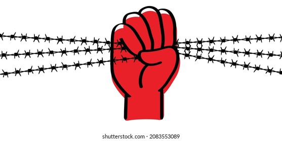 Protest symbol. World refugee day or Human rights day. Red hand holding barb wire. Clenched fist with barbed wire, resistance and revolution concept. No more slavery. Day of abolitionism. Abolition. 