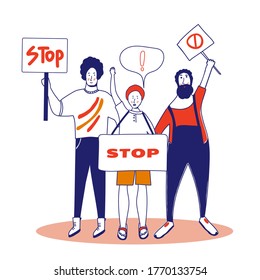 Protest. Three male activists are holding posters. Persons standing with spaces. Group of young men with banners taking part in the parade, picket. Social activism.. Vector illustration, blue line, in
