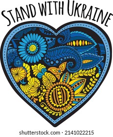 Camiseta de protesta con texto Apoya a Ucrania y zentangle corazón floral coloreado con colores de la bandera nacional ucraniana. Amor y paz para Ucrania
