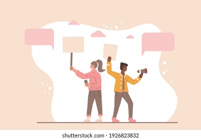 Protest. Two friends holding placards. Persons standing together with blanks. Young man and woman with banners taking part in parade, picket. Social activism. Vector flat illustration.