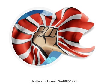 Protest, vector 3d flag against a blue sky, through a round hole on a white background