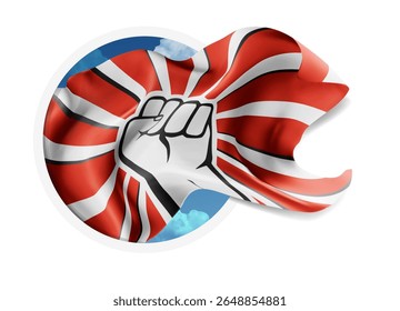 Protest, vector 3d flag against a blue sky, through a round hole on a white background