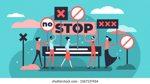 Protest vector illustration. Flat tiny demonstration persons crowd concept. Stop and against poster for strike, revolution or riot. Strong democracy communication movement. Rebel action holding banner