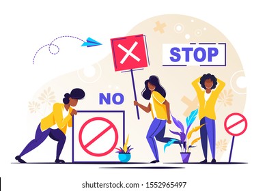 Protest vector illustration. Flat tiny demonstration persons crowd concept. Stop and against poster for strike, revolution or riot. Strong democracy communication movement. Rebel action holding banner