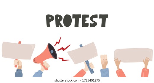 protesta. Imagen vectorial de personas sosteniendo carteles, pancartas, megáfonos, carteles en una manifestación de protesta. Personas contra la violencia, la contaminación, la despenalización, la violación de los derechos humanos.
