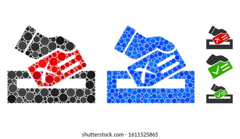 Protest vote mosaic of filled circles in various sizes and color tints, based on protest vote icon. Vector filled circles are united into blue mosaic.