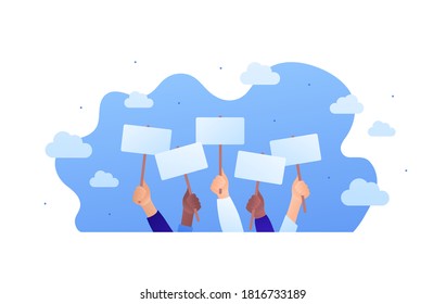 Protest, voting or advertisement campaing concpet. Vector flat people illustration. Group of multiethnic hands holding placard with copy space on blue sky background. Design element for banner, web.