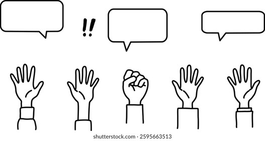 Protest or voting illustration. raising hands and speech bubbles illustration