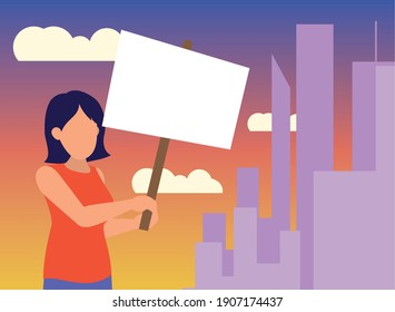 Protest woman with banner at city design, Manifestation activist and demonstration theme Vector illustration