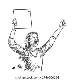 Protest. Woman with blank sign board is screaming and showing fist. Vector sketch, Hand drawn illustration