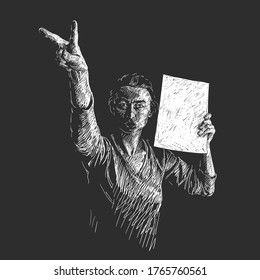 Protest. Woman with blank sign board showing V sign. White sketch on black background, Hand drawn vector illustration