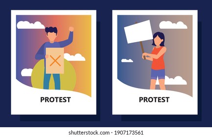 Protest woman and man holding banners in labels design, Manifestation activist and demonstration theme Vector illustration