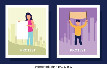 Protest woman and man holding banners in frames design, Manifestation activist and demonstration theme Vector illustration