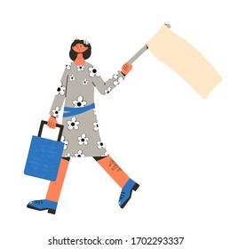 Protest. Woman standing and holding placard isolated on white background. Single picket. Young character taking part in parade, rally, processions, solitary picket. Vector flat illustration.