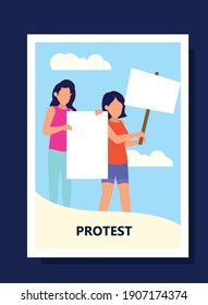Protest women holding banners with cross at city design, Manifestation activist and demonstration theme Vector illustration