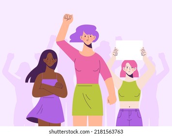 Protest for women's rights concept. 3 girls in line with banner. Flat vector illustration isolated on background