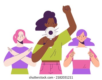 Protest For Women's Rights Concept. 3 Girls In Line Raising Voice With Megaphone. Flat Vector Illustration Isolated On White Background