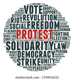 Protest. Word cloud on the topic of strikes, insurrection, political conflict or voting. Vector illustration. Words of different sizes collected in circle. Political illustration for protest articles.