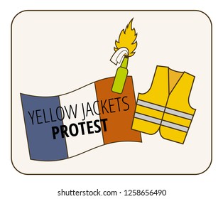 Protest yellow jackets Paris vector set illustration. Flag, petrol bomb, molotov cocktail. Yellow vests antigovernment movement protest in France. Protest against rise gas priсe concept art.