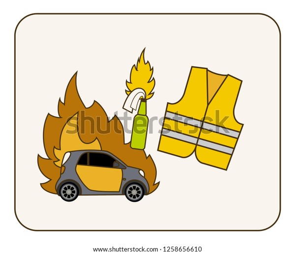 Protest yellow jackets Paris vector set\
illustration. Burning car, petrol bomb, molotov coctail. Yellow\
vests antigovernment movement protest in France. Protest against\
rise gas priсe concept\
art.