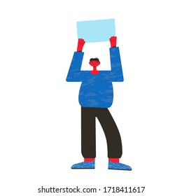 Protest. Young man standing and holding placard isolated on white background. Single picket. Male character taking part in parade, rally, processions, solitary picket. Vector illustration.