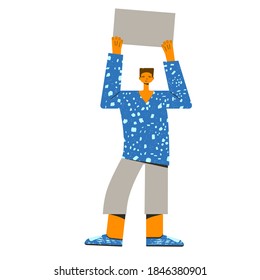 Protest. Young man standing and holding placard isolated on white background. Single picket. Male character taking part in parade, rally, processions, solitary picket. Vector illustration.