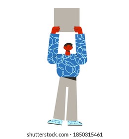 Protest. Young man standing and holding placard isolated on white background. Single picket. Male character taking part in parade, rally, processions, solitary picket. Vector illustration.