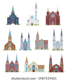 Protestantische Kirchen, kirchliche Tempel Gebäude. Cartoon, Vektormittelalterliche Kathedrale Fassade, gotisches Klosterküster außen mit Altarbengeblätterglas und Glockenturm, Kreuz auf Spire