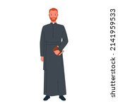 Protestant priest, religious leader character vector illustration. Cartoon man with beard holding Bible holy book in hand, male character preaching isolated on white. Missionary, religion concept