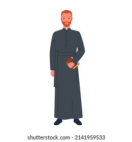 Protestantischer Priester, religiöser Führer, Vektorgrafik. Cartoon Mann mit Bart hält Bibel heiligen Buch in der Hand, männliche Charakter predigen einzeln auf Weiß. Missionar, Religionsbegriff