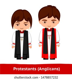 Protestants (Anglicans). Pastors. Man and woman. Cartoon character. Vector flat illustration.