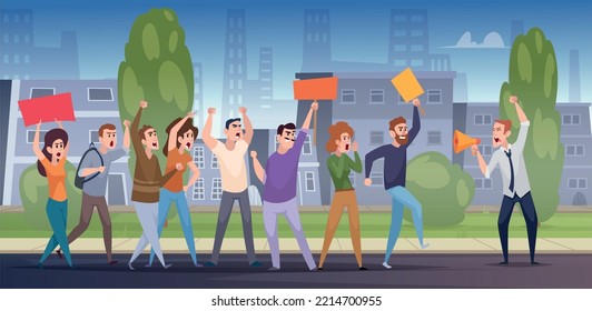 Protested background. Crowd with protested banners screaming and aggresive moving in city strike exact vector templates