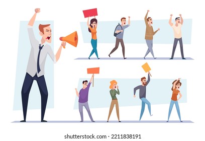 Protested people. Strike crowd with banners holding demonstration placard exact vector cartoon illustrations set