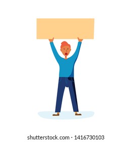 Protested or tout man stands and screams with banner in his raised hands. Vector illustration in flat style.