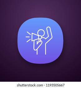 Protester app icon. Protest individual action. Breaking news. Protest speech. Man shouting slogans. Person holding megaphone. UI/UX interface. Web or mobile application. Vector isolated illustration