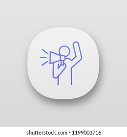 Protester app icon. Protest individual action. Breaking news. Protest speech. Man shouting slogans. Person holding megaphone. UI/UX interface. Web or mobile application. Vector isolated illustration