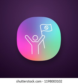 Protester app icon. UI/UX user interface. Protest event. Social or political movement. Person holding protest flag. Contentious action. Web or mobile application. Vector isolated illustration