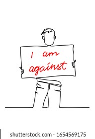 Protester Junge einfache Schwarz-Weiß-Vektorillustration Illustration. Eine kontinuierliche Zeichnung, Illustration, Hintergrund des protestierenden Jungen mit Banner.