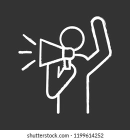 Protester chalk icon. Protest individual action. Breaking news. Protest speech. Man shouting slogans. Person holding megaphone. Isolated vector chalkboard illustration