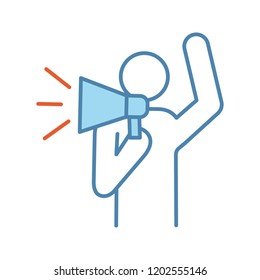 Protester color icon. Protest individual action. Breaking news. Protest speech. Man shouting slogans. Person holding megaphone. Isolated vector illustration