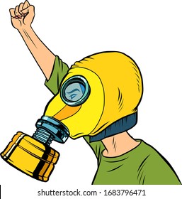 Protester in a gas mask. Protest for clean air. Comics caricature pop art retro illustration drawing