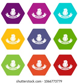 Protester hand icons 9 set coloful isolated on white for web