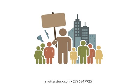 Protester holding blank sign in front of city skyline with crowd of people gathering for public demonstration or social activism event.
