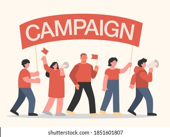 Protester Holding Campaign Sign and walking to follow the Leader with Megaphone. Illustration about influencer of think and crowd and campaign resist.