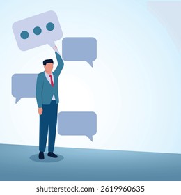 A protester holding a chat bubble. A metaphorical illustration for speaking up, voicing opinions and healthy communication.