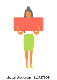 Protester holding red table, picket of woman fighting for rights and freedom, lady wearing skirt and blouse, vector illustration isolated on white