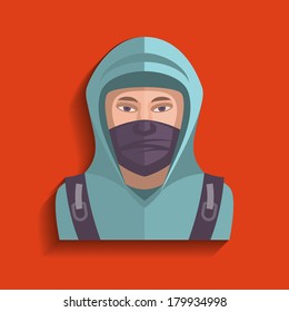 Protester icon. Man in a hood. Flat style. Stylish colors. Vector eps 10.