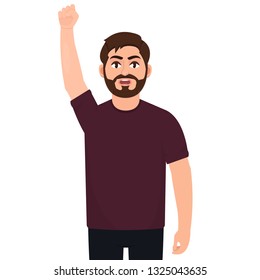 A protester, a man with a hand extended upwards, a bearded guy expressing a lack of satisfaction, demanding justice, a character in a flat style